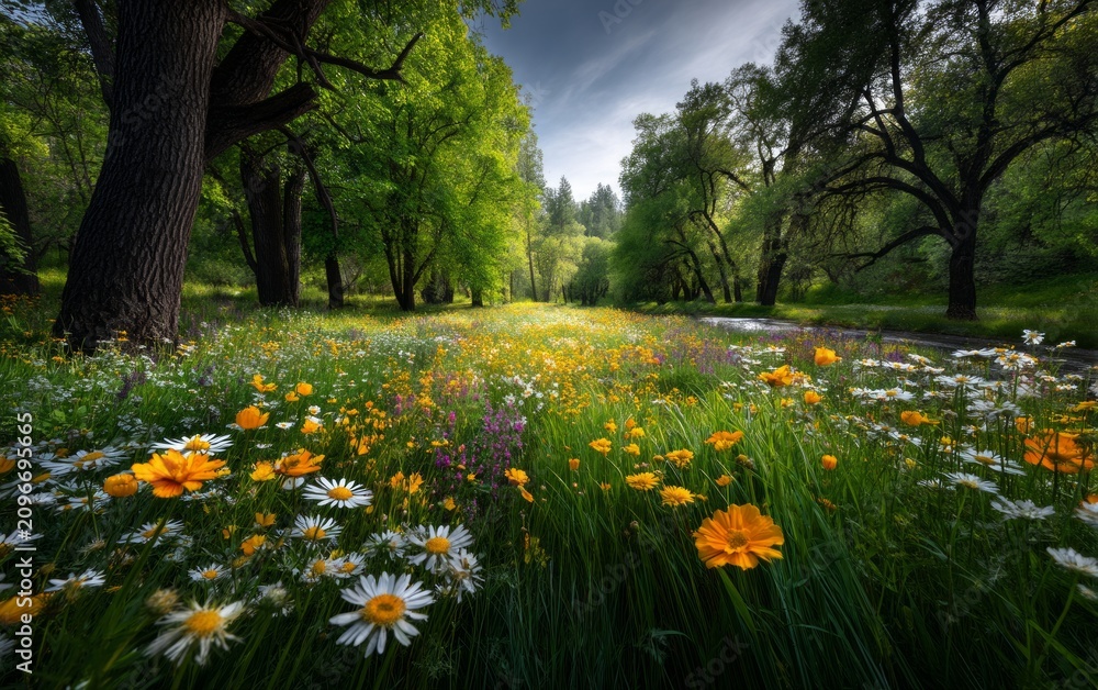 Fototapeta premium Vibrant Wildflower Meadow with Tall Trees Under Dramatic Sky in Forest