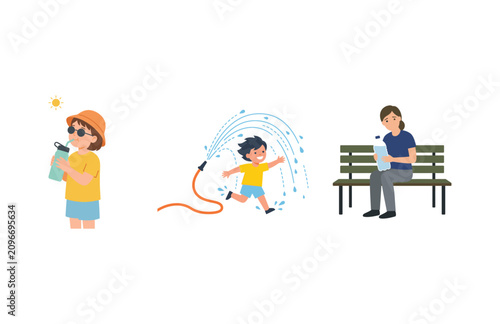 Summer activities collection featuring children and adults enjoying hydration and water play in a sunny park setting