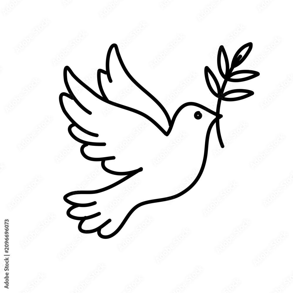 Obraz premium Hand drawn cute peace dove flying bird olive branch outline icon doodle vector freedom hope harmony symbol black white lineart graphic