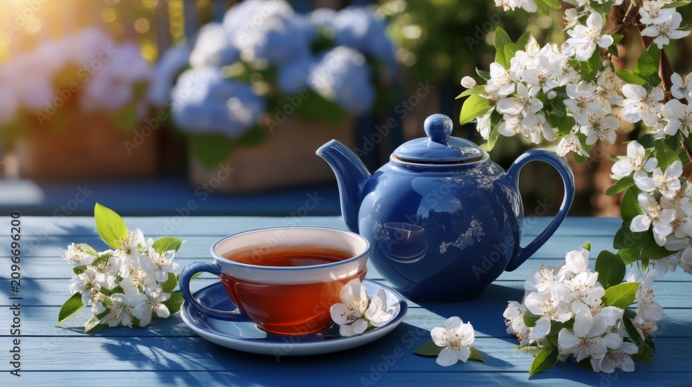 Fototapeta premium Blue ceramic teapot and cup of tea with spring blossom flowers outdoor