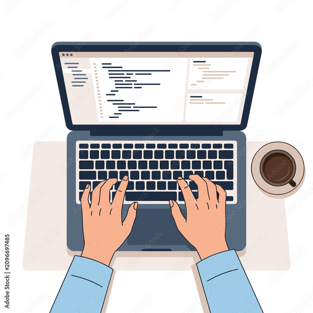 Fototapeta premium Hands typing code on laptop next to coffee cup