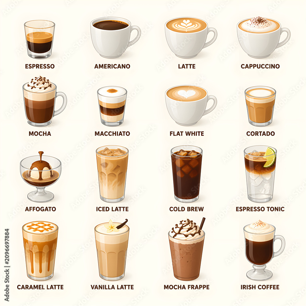 Obraz premium Assorted coffee beverage collection featuring hot, cold, and specialty coffee drinks vector illustration isolated on white background