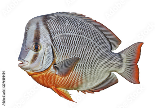 Detailed gray fish with orange and red accents swimming underwater scene isolated on transparent background