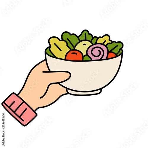 Hand drawn cute hand holding salad bowl icon doodle vector healthy food flat line art