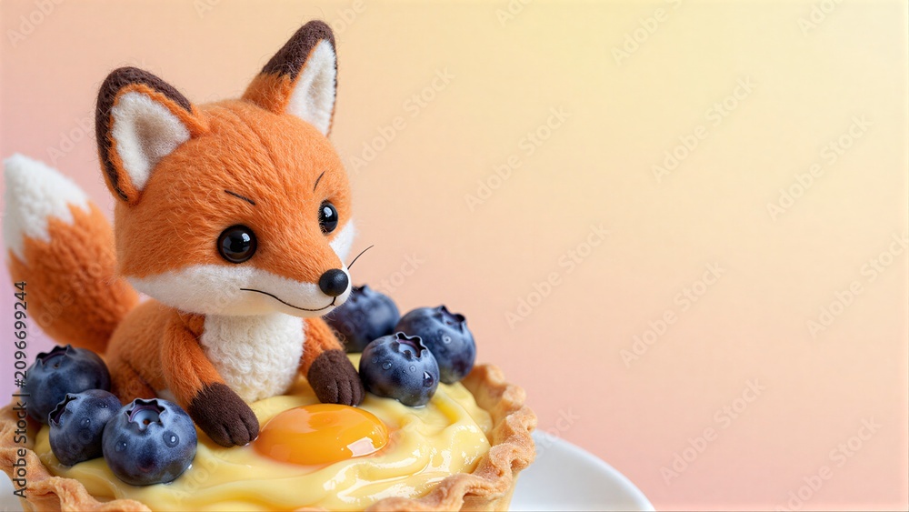 Fototapeta premium Adorable fox plush sits atop blueberry tart with a yolk centerpiece.