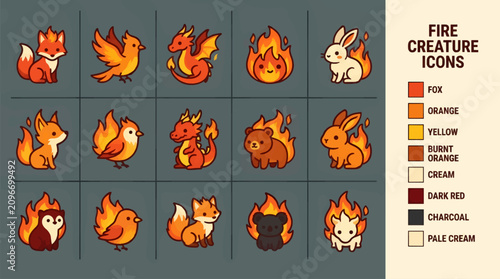 Canvas Print Cute Flat Design Fire Creature Icons Set: Fox, Bird, Dragon, Fireball, Rabbit, B
