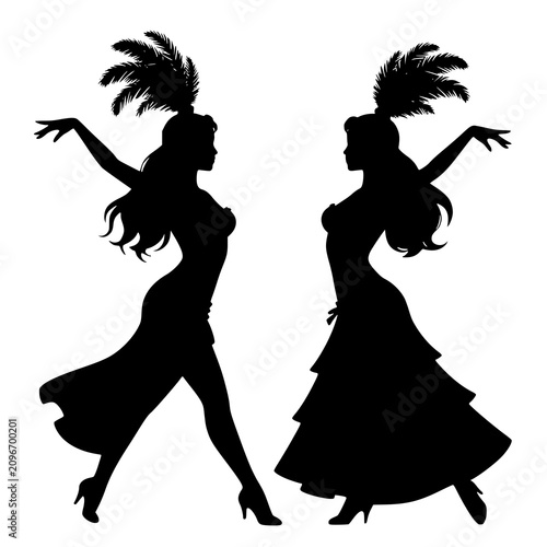 Black silhouettes of two cabaret showgirls in feathered headdresses and tiered dresses - design for carnival party invitations, dance studio posters, and retro theater flyers. JPEG version.