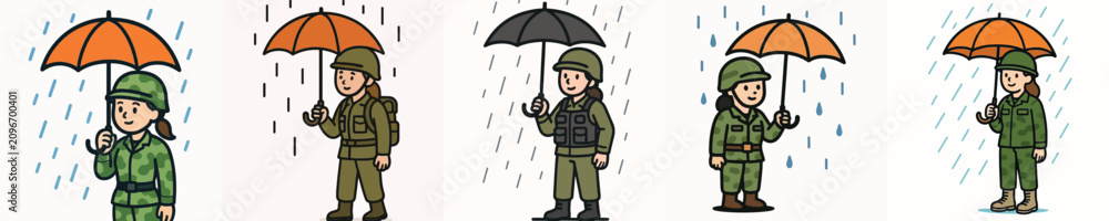 Fototapeta premium Set of vector illustrations of a female soldier using an umbrella in the rain.