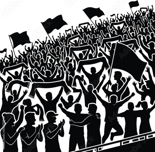 Cheering crowd with flags in black and white silhouette, sports fans celebrating victory and unity