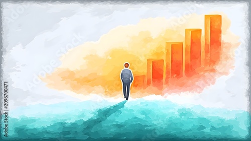 Abstract Business Growth Concept: Person Walking Towards Success and Rising Bar Graph in Watercolor Style