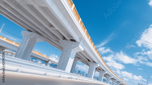 Perspective View of Concrete Overpass with Support Pillars Under Clear Sky