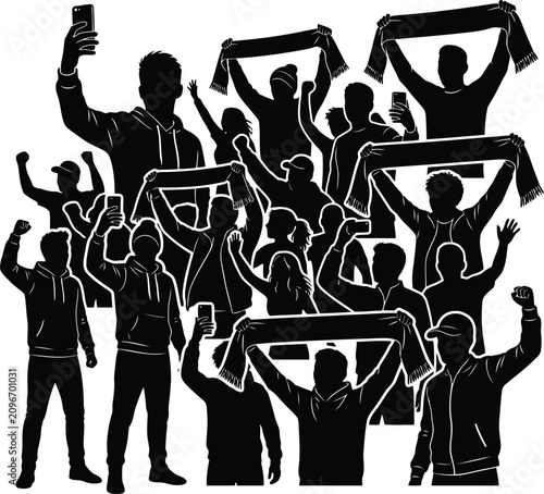 Photography Silhouette of cheering sports fans holding scarves in crowd celebration on white