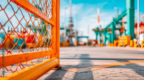 Bright orange safety fence on industrial construction site with equipment