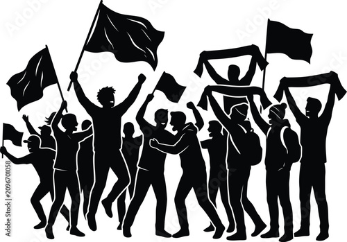Bilde på lerret Black Silhouette Crowd of Protesters Cheering with Raised Flags Isolated on Whit