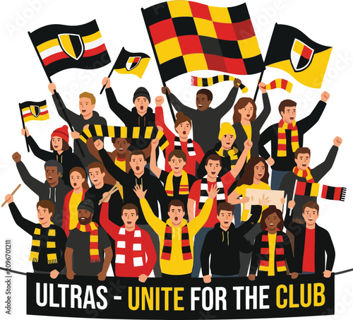 Foto Football ultras fans cheering with flags and banner, united supporter crowd illu