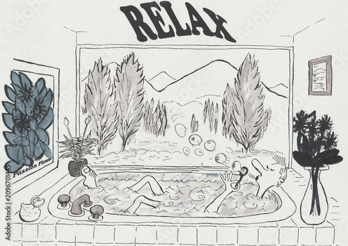Foto Relaxing Bath Scene with Man in Hot Tub by Large Nature Window in Day