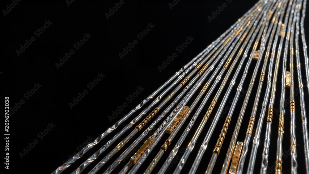 Obraz premium Silver and gold wires with intricate patterns radiate diagonally against a black background.