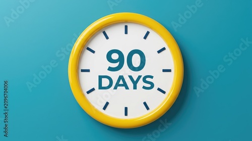 Bright yellow wall clock showing ninety days remaining on a vibrant solid blue background surface