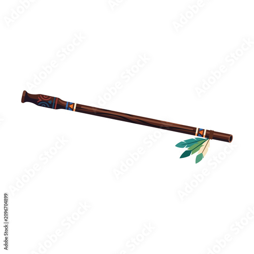Fotografía Native American Peace Pipe with Feathers, Tribal Design, Isolated on White