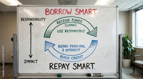 Educational whiteboard diagram showing the financial cycle of borrowing money and repaying debt very responsibly