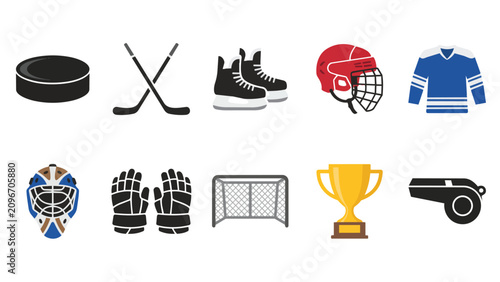 Canvas Print Cool set of ice hockey equipment and gear icons on white