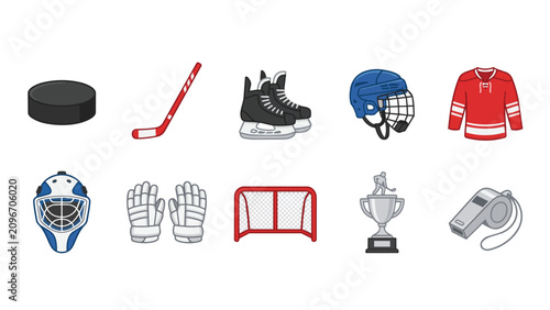 Photography Ice hockey equipment icons set with puck, stick, and skates