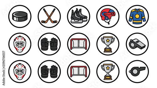 Photography Colorful ice hockey gear icons including sticks skates and jersey