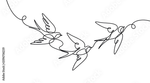 Fotografi Continuous line drawing of three swallow birds flying.