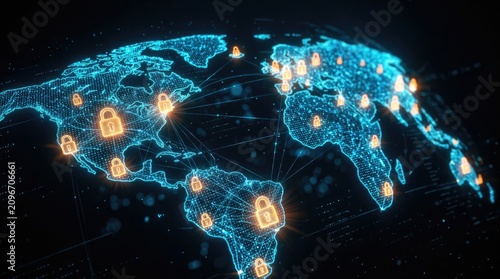 Digital world map featuring glowing orange security padlocks representing global internet data protection and cyber safety