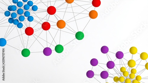 featuring a network of interconnected nodes on a white background. The layout is asymmetrical, with clusters of nodes primarily located in the top left and bottom right corners, leaving the center mos