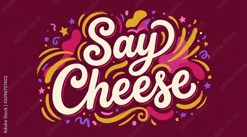 Obraz premium Say cheese lettering design featuring colorful decorative swirls and vibrant stars on a maroon background