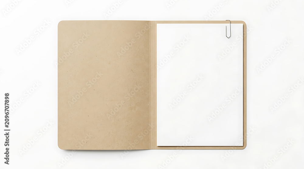 Fototapeta premium Open kraft paper folder with blank paper sheet and paperclip isolated on white background