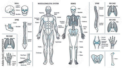 Human Anatomy Diagram: Musculoskeletal System, Skeleton, Bones, Skull, Spine, Rib Cage