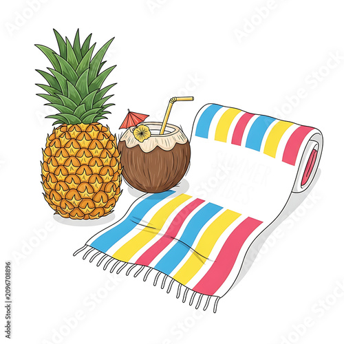 Pineapple and coconut drink with striped straw for summer