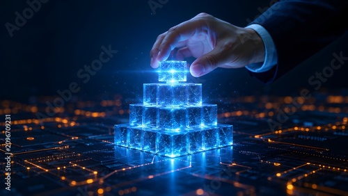 Hand places glowing blue cube on a digital pyramid, representing data organization, strategic technology building, and interconnected futuristic solutions.
