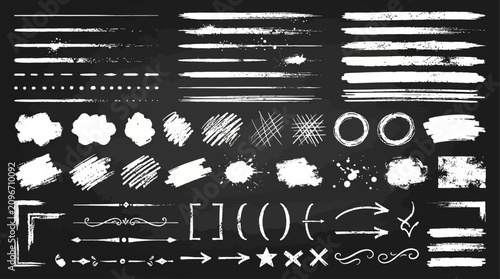 Chalk brush stroke lines with rough white dry paint stripes, hand drawn grunge texture marks on black background for underline, divider, border, flyer and print design. Vector isolated set