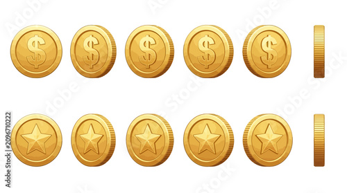 Golden dollar coin icons with rotating money tokens and star reward symbols, shiny cartoon currency vector for finance, banking, gaming bonus and loyalty points design