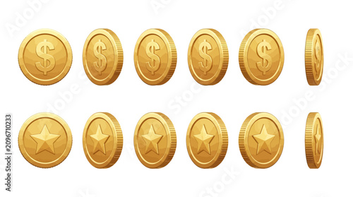 Golden dollar coin icons with rotating money tokens and star reward symbols, shiny cartoon currency vector for finance, banking, gaming bonus and loyalty points design