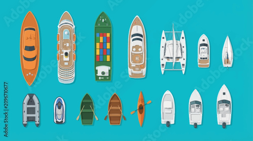 Ship top view vector illustration with colorful yachts, boats, kayak, canoe, ferry, cargo vessel and motorboat icons on blue water background for marine transport and travel design