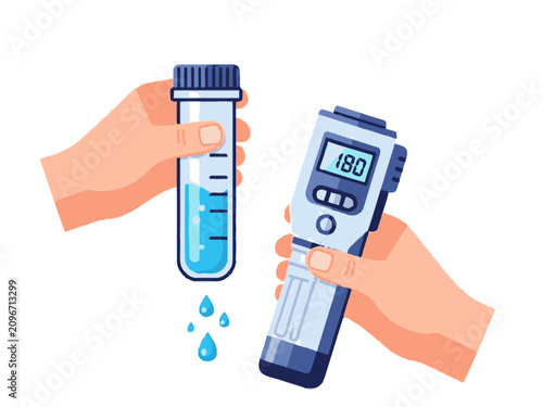 A hand holds a test tube with blue liquid and another hand holds a digital device next to it.
