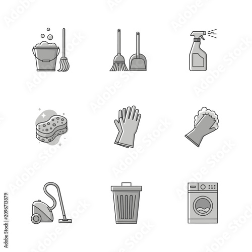 A minimalist vector icon set featuring various cleaning tools and equipment