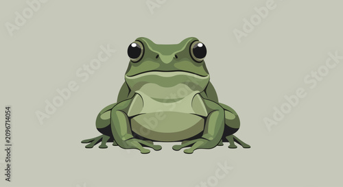 Photography Illustration of a green frog sitting on a gray background with a calm expression