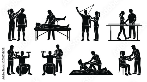 Physical Therapy Silhouette Icons: Rehabilitation, Exercise, and Recovery