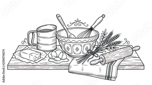 Tableau sur toile Vintage baking illustration with kitchen tools and ingredients, rustic hand draw