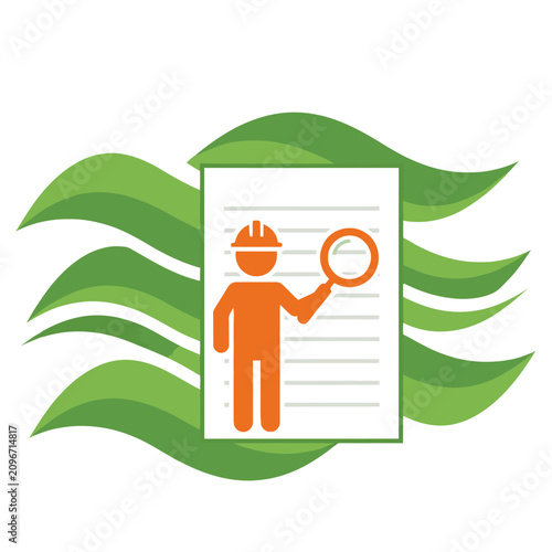 A worker examines a document with a magnifying glass in an industrial setting