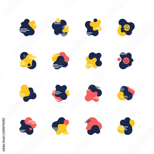 The icon set features a collection of 16 flat, minimalist vector icons in a grid, comprising simple geometric shapes in black, yellow, and red hues.