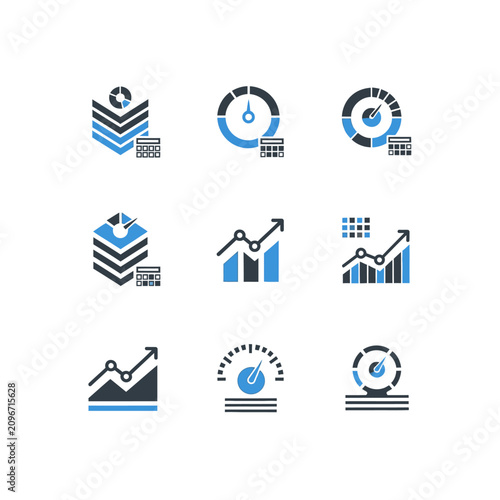 A collection of business icons featuring various abstract manufacturing process symbols with interlocking gears and graphs.