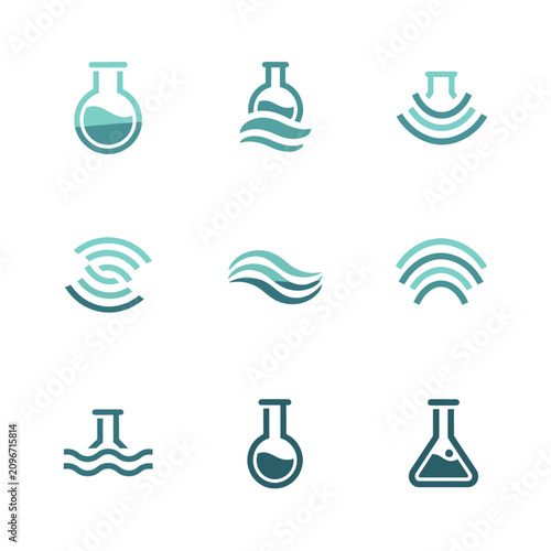 A collection of laboratory equipment and wave icons in a simple design