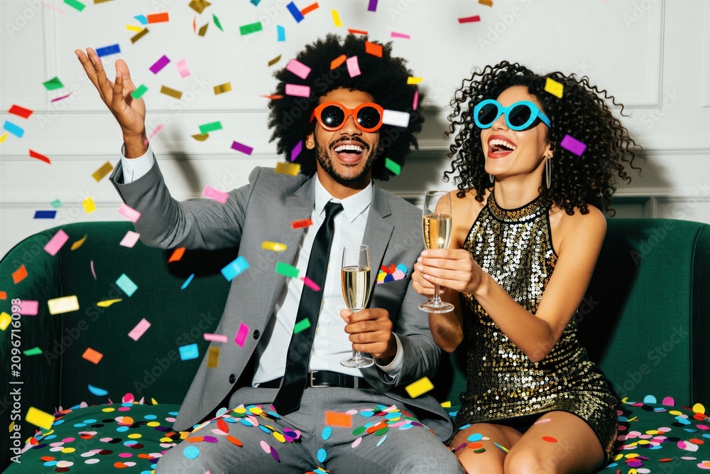 Fototapeta premium Joyful couple enjoys party with champagne and falling confetti. They wear flashy sunglasses and stylish outfits, seated on a sofa, celebrating together with laughter and drinks.