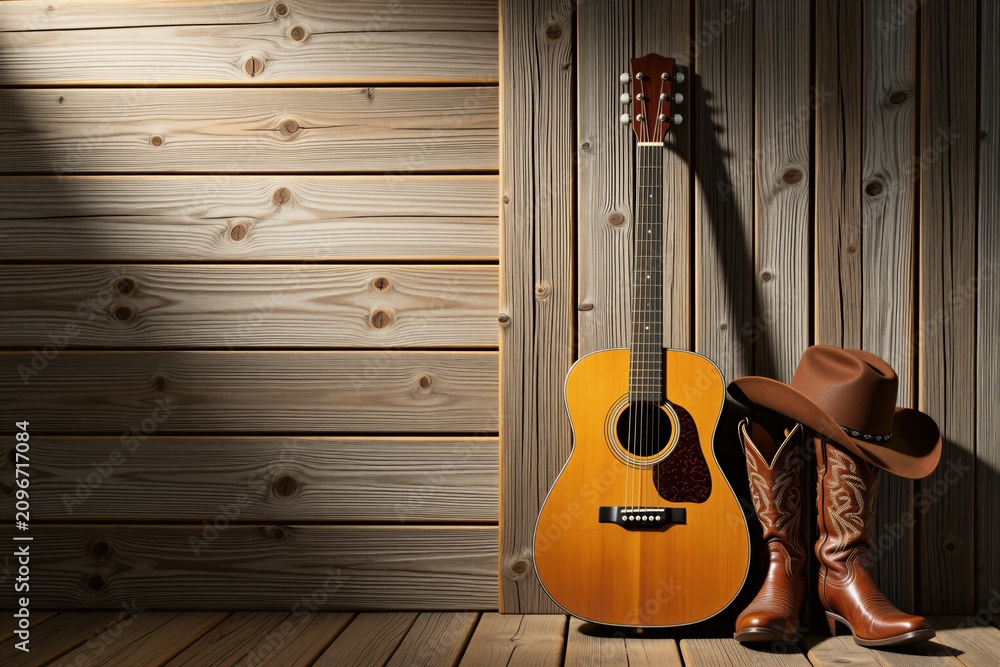 Fototapeta premium Acoustic guitar rests beside cowboy boots and hat against rustic wood plank wall. Provides ample copy space for titles or graphics. Perfect for country music themes.